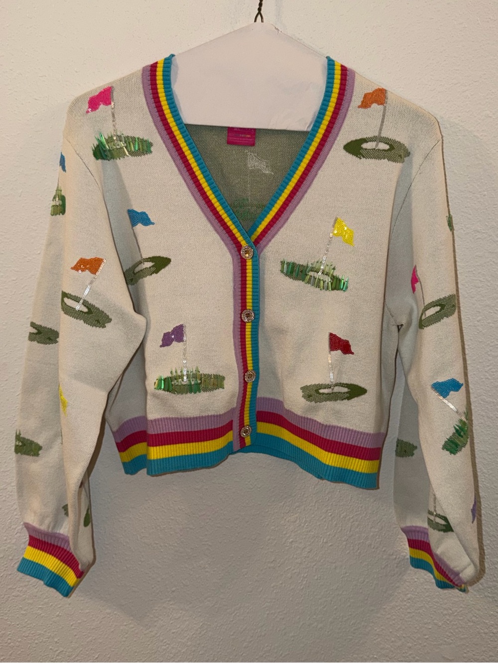 Queen of Sparkles Multi Golf Icon Rainbow Trim Button Up Cardigan. NWOT